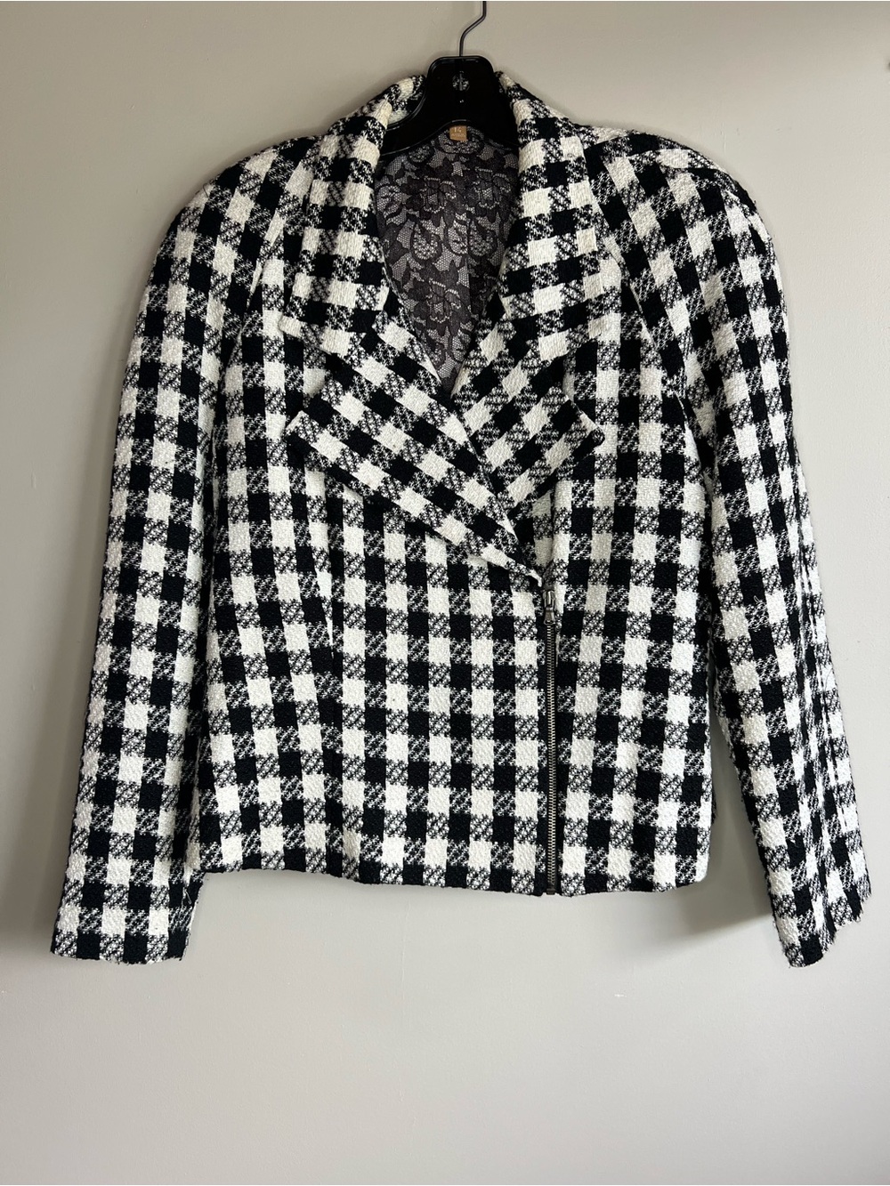Ellen Tracy Black White Houndstooth Moto Jacket Size 14 Zip Front Blazer Large